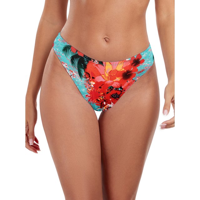 Ocean Blues Women's High Leg Bikini Bottom Mid Rise Swim Bottom Cheeky Floral Print Bathing Suit Bottom, Size S