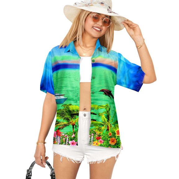 HAPPY BAY Hawaiian Shirts Womens Casual Beach Party Blouse Shirt Summer Button up Short Sleeve Tropical Vacation Dress Tops Tee Shirts Blouses for Women M Dolphin Sea, Blue