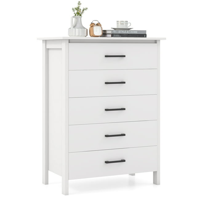 Costway Commode Moderne à 5 Tiroirs Armoire de Rangement avec Poignées en Métal Blanc