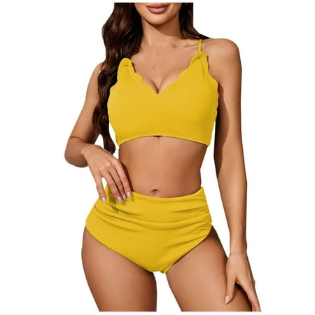 UTSJKR Women s Crisscross Ruched High Waisted Bottom Bikini Set Two Piece Swimsuit Tankini for Women Beach Wave Trim Cami Bra & Tummy Control Ruched Thong Bikini Sets Yellow 8-12