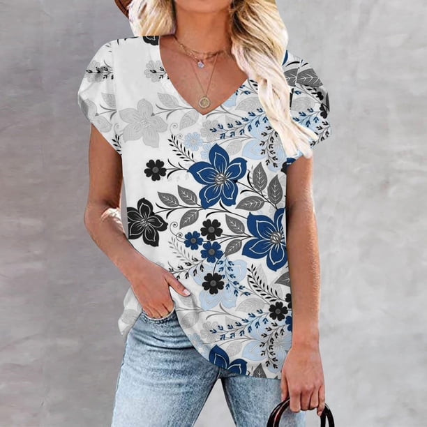 Fiudx Ofertas de La Semana Blusa Informal de Manga Corta con Cuello En V y Estampado de Moda para Mujer