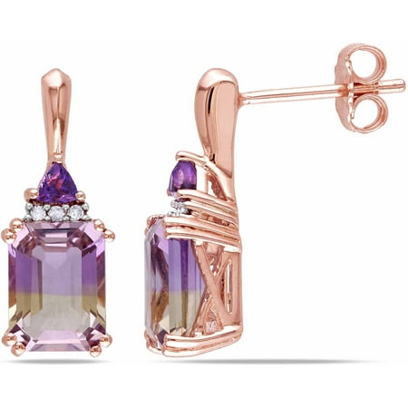 Tangelo 3-1/4 Carat T.G.W. Ametrine and Amethyst with Diamond-Accent Rose-Rhodium Plated Sterling Silver Stud Earrings