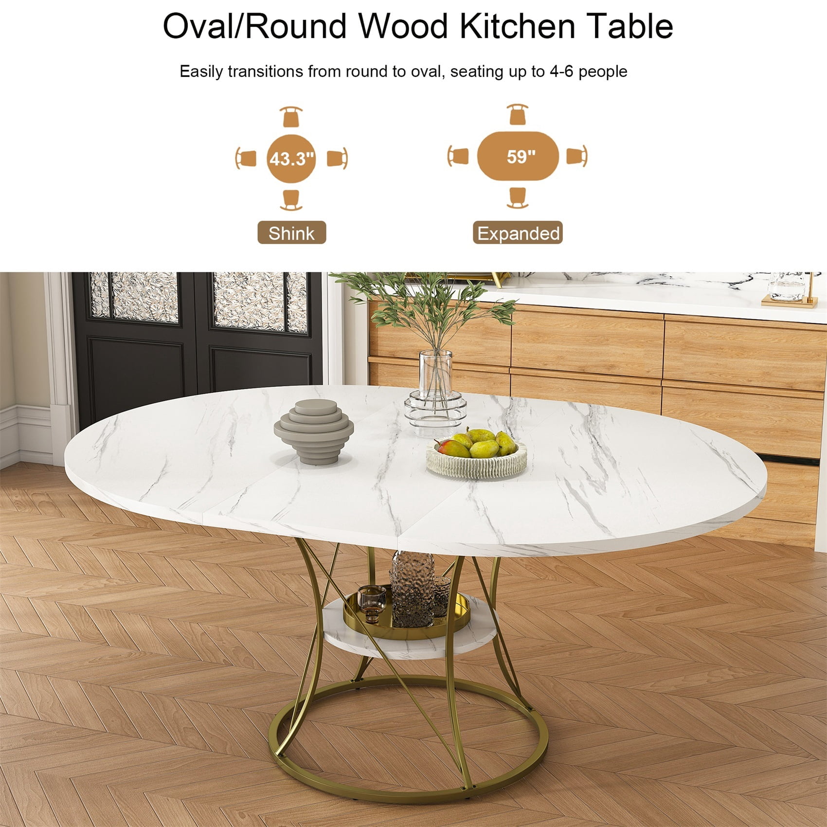 Alvantor Extendable Round Dining Table for 4-6 People, Modern Wood Farmhouse Table with Storage Shelf & Metal Base Perfect for Small Space White
