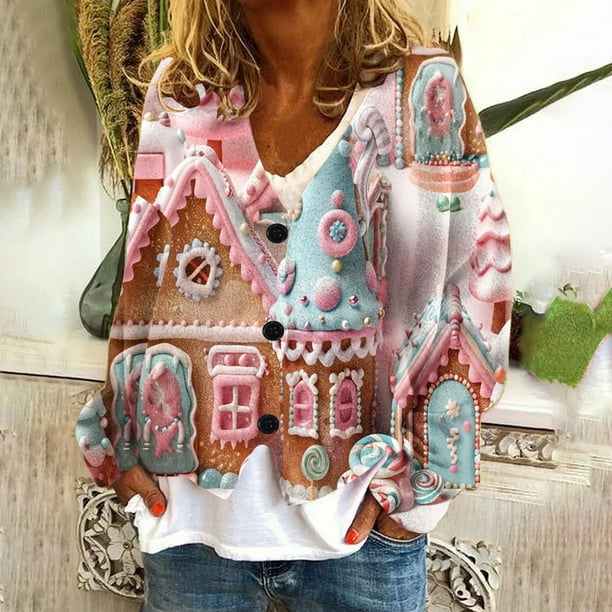 Puntoco Chaqueta Informal Con Botones Y Estampado Navideño Para Mujer