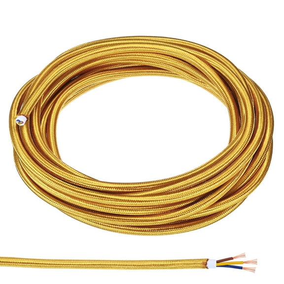 Uxcell Fabric Cloth Covered Round Wire, 16.4ft 18AWG 3 Core Vintage Woven Electrical Cord, Golden