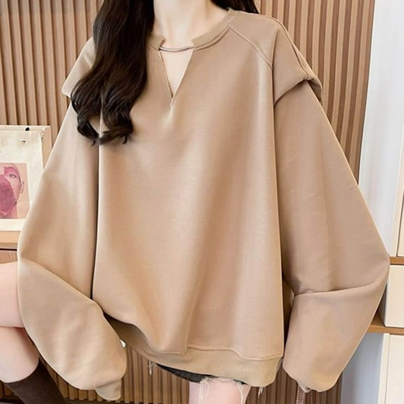 HongQid Womens Oversized Sweatshirts Fall Fashion V Neck Hoodies Loose Fit Winter Outfits Teen Girl Clothes
