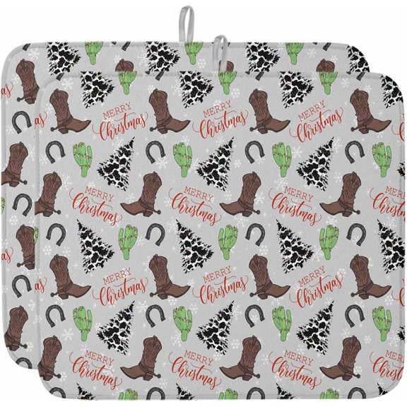 Cowboy Christmas Dish Drying Mat for Kitchen Counter, Western Cactus Xmas Snowflake Tree Baby Bottle Microfiber Drying Pad, Absorbent Coffee Cup Dishes Drainer Mats 16"x18", 2 Pcs