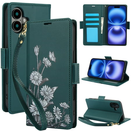 for iPhone 16 Wallet Case, Luxury Flower Pattern RFID Blocking Wrist Strap Flip Folio Cover with Kickstand Feature for Women Girls, PU Leather Phone Case for iPhone 16, Green