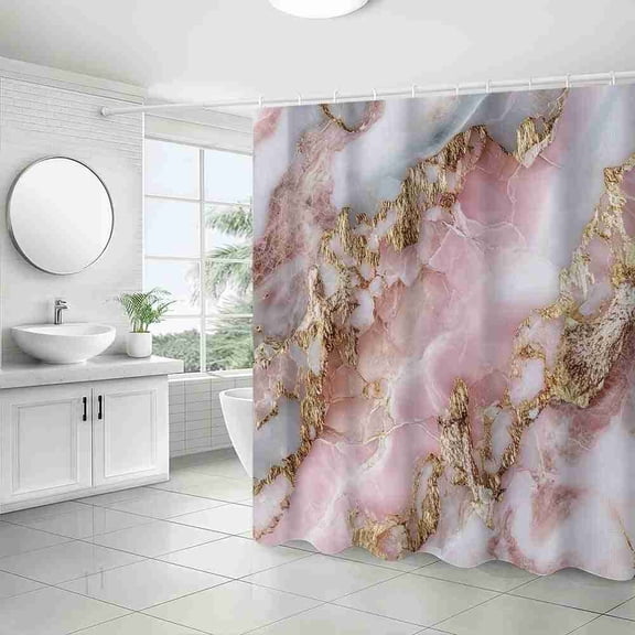 70x70 inch Blush Pink and White Gold Vein Marble Shower Curtain, Waterproof Polyester Fabric with Hooks for Bathroom Decor
