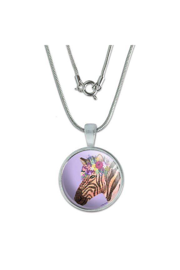 Zebra Flower Floral Hair 0.75" Pendant with Sterling Silver Plated Chain