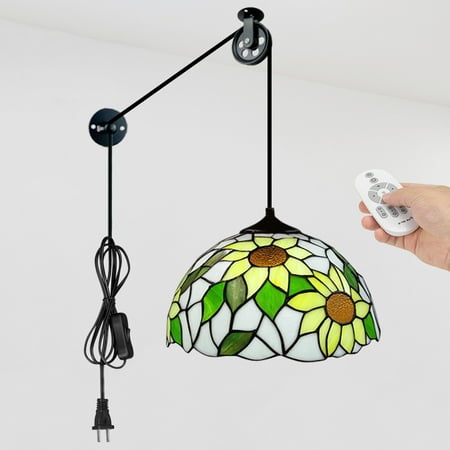 

Kiven Plug in Glass Pendant Light Classic Pulley Hanging Light with Remote Control Retro Dimmable Ceiling Pendant Light for Bedroom Foyer Hallway Kitchen Island E26 Socket