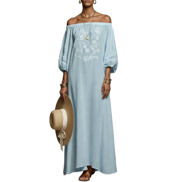 WRKEKC Summer Dresses for Women Solid Off Shoulder Puff Sleeve Embroidered Maxi Lightweight Summer Chic Soft