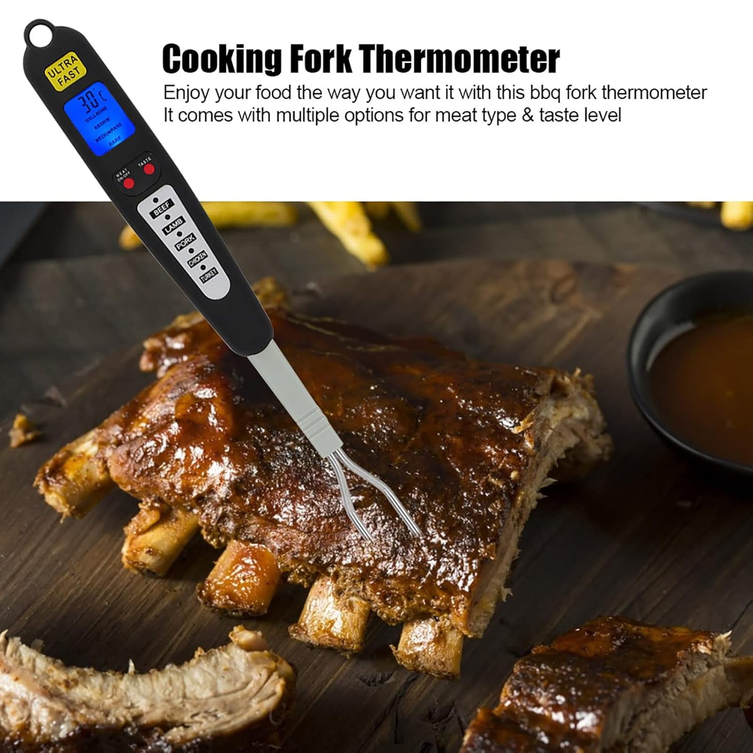 Digital Meat Thermometer Fork, Fast Read Grill with LED Display and Stainless Steel Probes for Steak Chicken Pork Turkey Hot Grilled Food