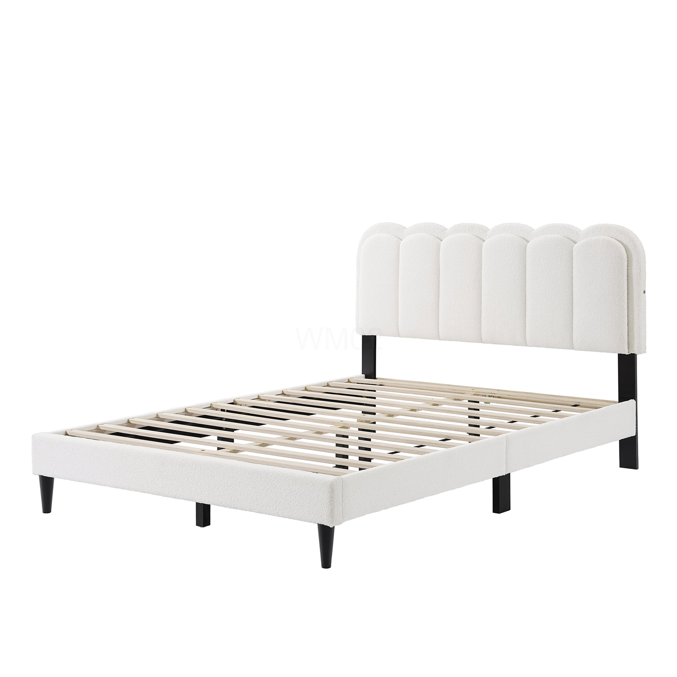 Queen Upholstered Bed Frame with LED Headboard and Storage, Modern Platform Bed with Soft Boucle Fabric, Noise Free, Wood Slat Support