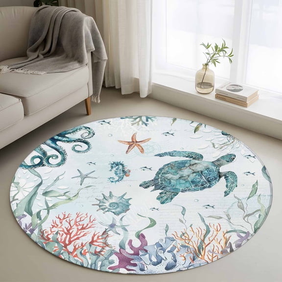 Round Rug 3.3Ft Washable Non-Slip, Teal Turtle Coastal Circle Area Rugs for Living Room Bedroom, Octopus Coral Summer Beach Starfish Indoor Floor Mats Carpet Runner for Home Decor Aesthetic