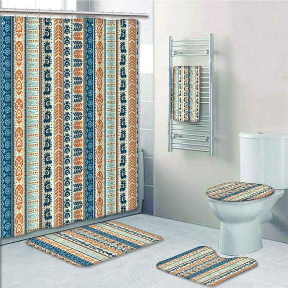 EREHome Tibal Aztec Ancient Vintage Ethnic with American Folk Figures Artisan Merigold 5 Piece Bathroom Set Shower Curtain Bath Towel Bath Rug Contour Mat and Toilet Lid Cover