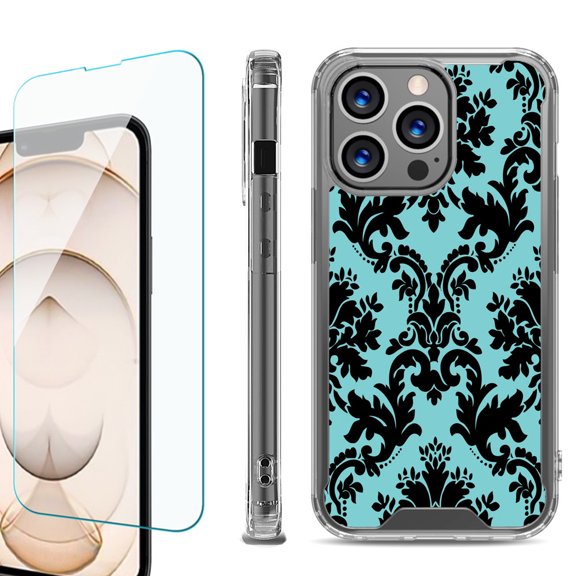 Shockproof Bumper Phone Case for iPhone 13 Pro Max, with Tempered Glass Screen Protector, by OneToughShield ® - Victorian Blue/Black