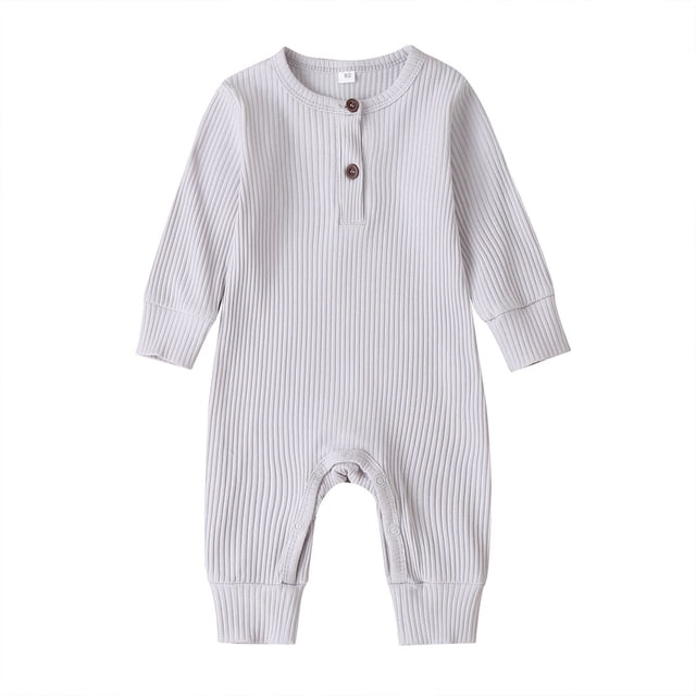 Mialoley Baby Boy Girl Button Romper One Piece Solid Color Knit Ribbed Jumpsuit