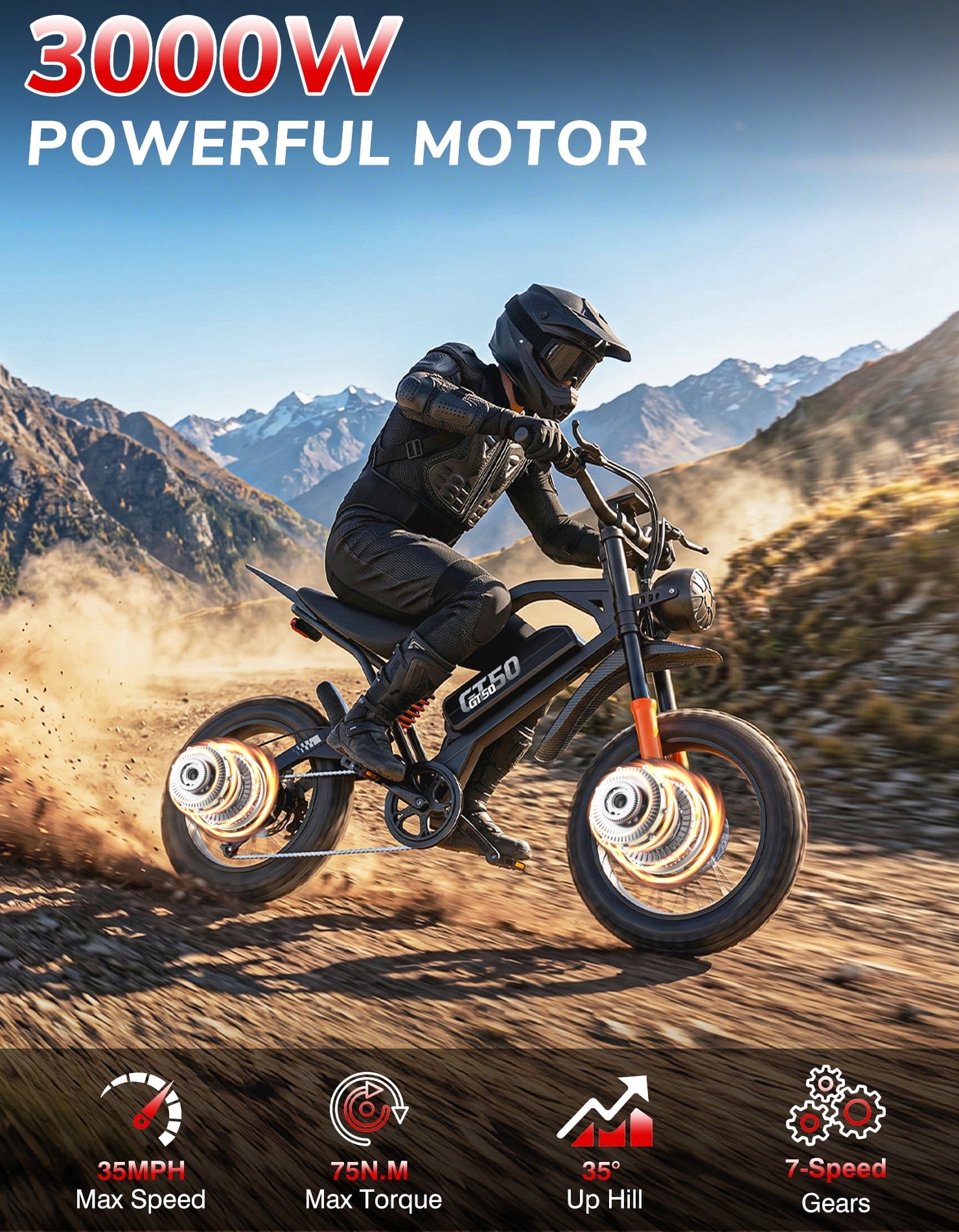 PostJoy GT16 Electric Dirt Bike for Adults,3000W Electric Motorcycle 36MPH 48V 25Ah Battery,85+Miles Electric Bike,20" Fat Tire Ebike,Dual Hydraulic Brakes Mountain Bike,Full Suspension,UL2849