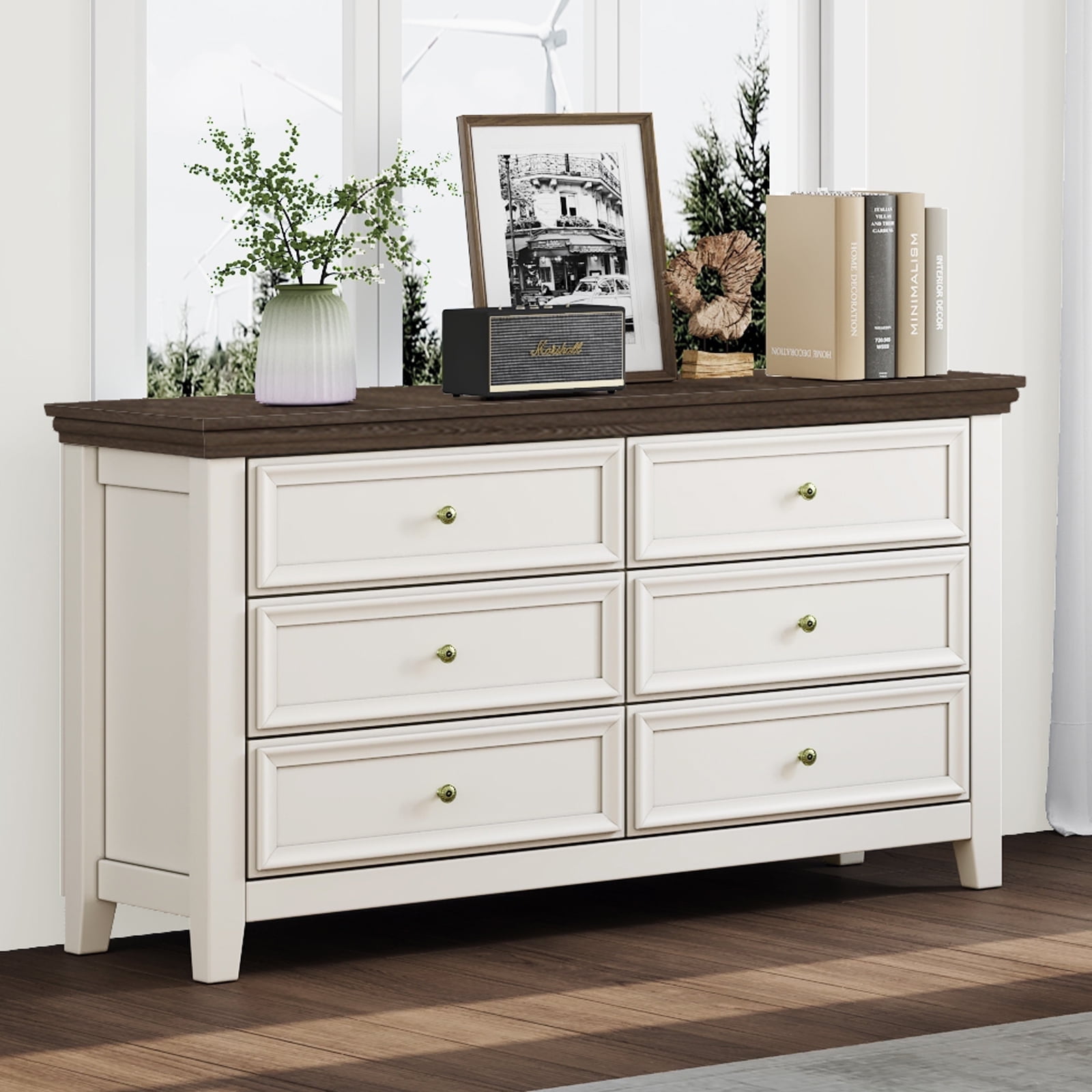 BOSHIRO Dresser for Bedroom, 6 Drawer Wood Chest of Drawers, Storage Dressers Clothes Organizer for Closet, Living Room, Dining Room