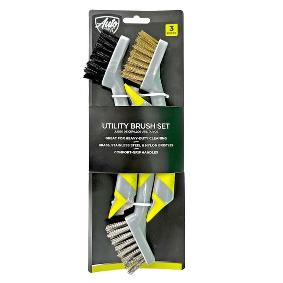 Auto Drive Detail Brush Set for Cleaning and Rust Removal, 3 Piece, Stainless Steel/Nylon/Brass Bristles