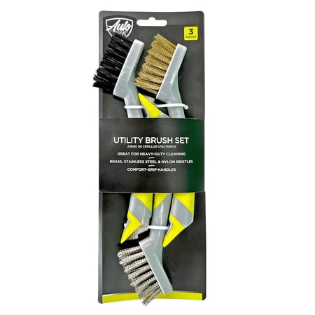 Auto Drive Detail Brush Set for Cleaning and Rust Removal, 3 Piece, Stainless Steel/Nylon/Brass Bristles