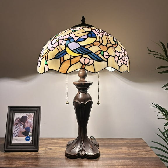 Tiffany Table Lamp Stained Glass Magpies Plum Flowers LED Bulbs Included For Living Room Bedroom Bedside 16"W*16"D*24"H