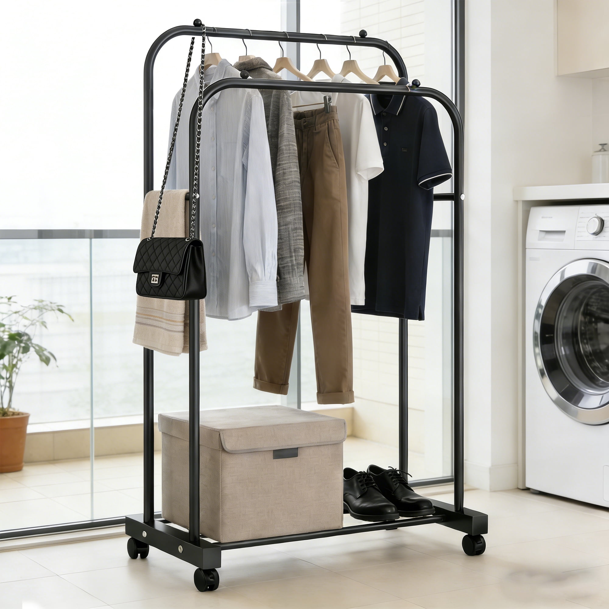 GARITIN Clothes Rack, Garment Rack, Rolling Heavy Duty Double Rod Clothing Rack with Wheels, Portable Closet Rack for Hanging Clothes for Bedroom, Laundry, Entryway, Black