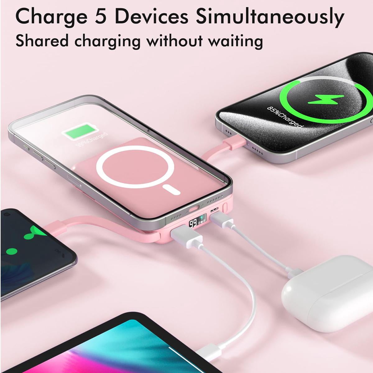 Podoru Wireless Portable Charger, 10000mAh Magnetic Power Bank Built-in USB C Lighting Cables 22.5W PD Fast Charging LED Display Battery Pack for for iPhone 16/15/14/13/12 - Pink