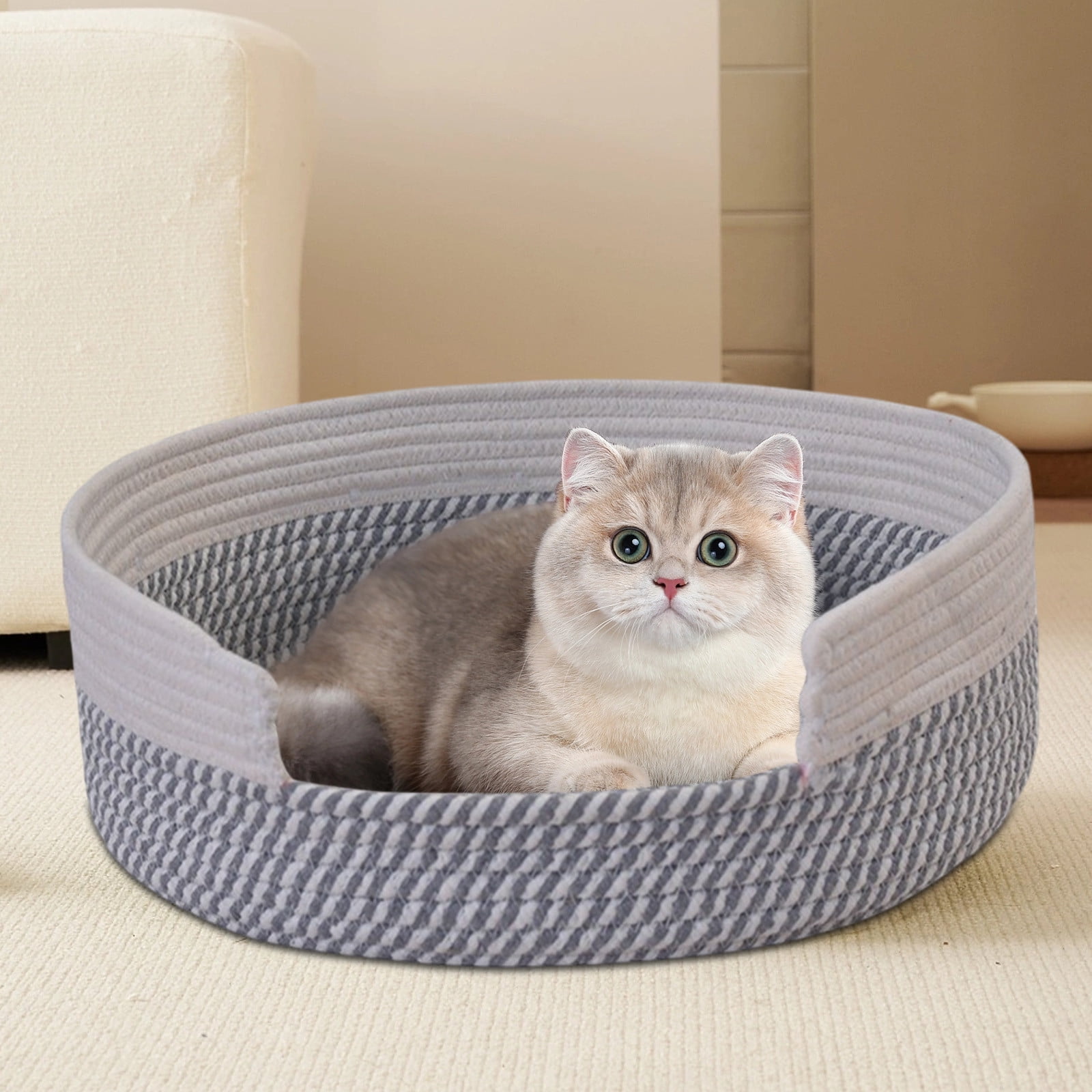 RoamHome Woven Cotton Rope Pet Nest for Cats & Dogs - Breathable Round Cat Bed with Scratch-Resistant Design, Extra Large Soft Pet House for Small/Medium Pets, Summer Cooling Bed(15x5in)