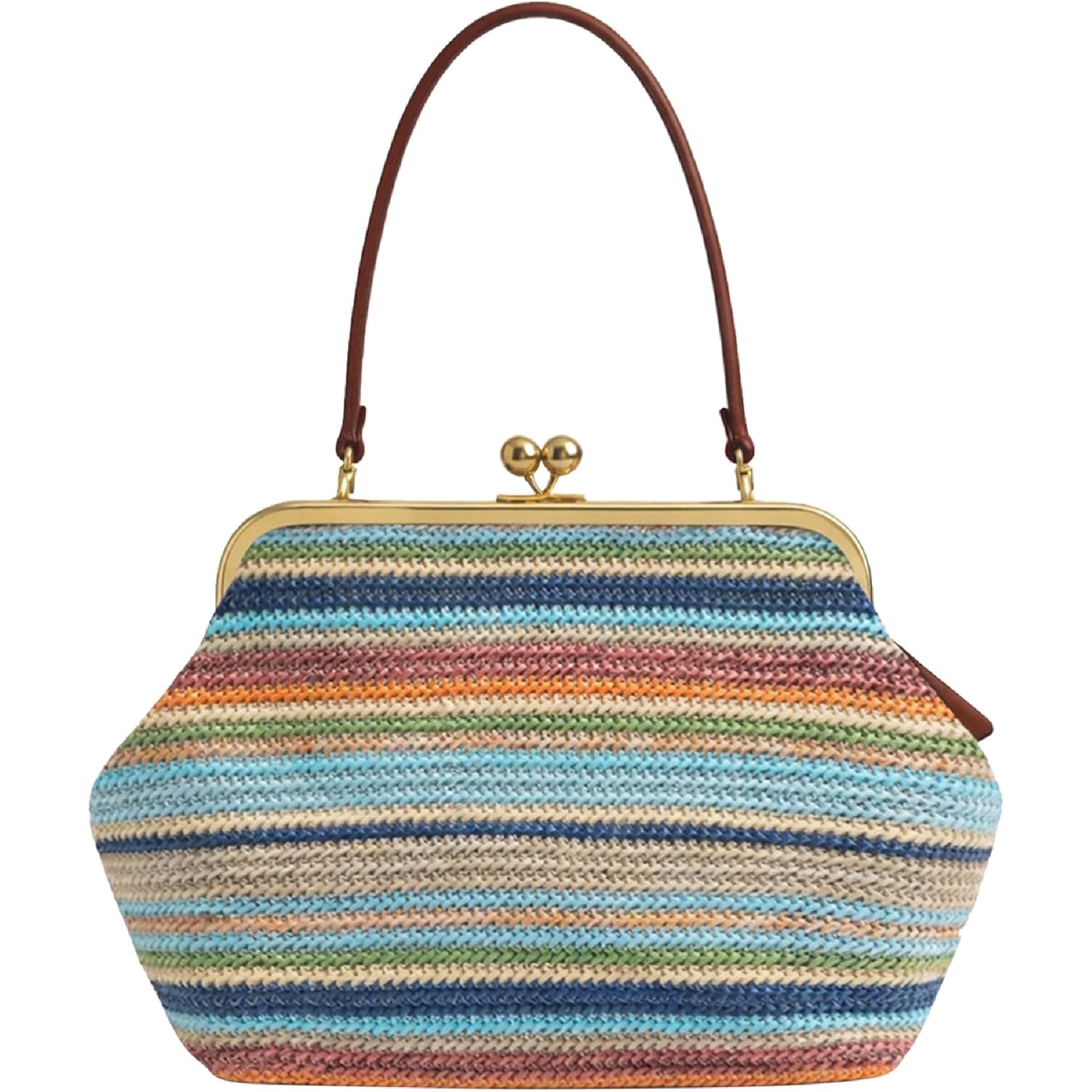 Kiss Lock Woven Straw Handbag, Large Capacity Rainbow Striped Shoulder Bag with Metal Frame, Summer Beach Purse for Women