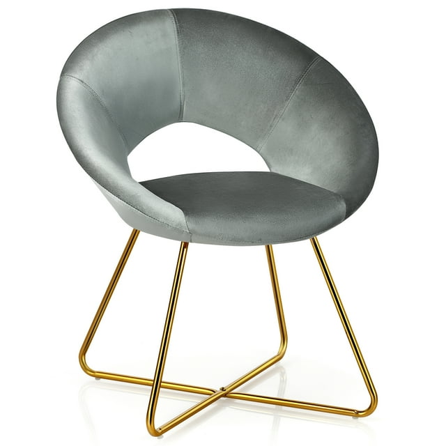 Gymax Accent Velvet Chair Dining Arm Chair Make-up Stool w/Golden Metal Leg Grey