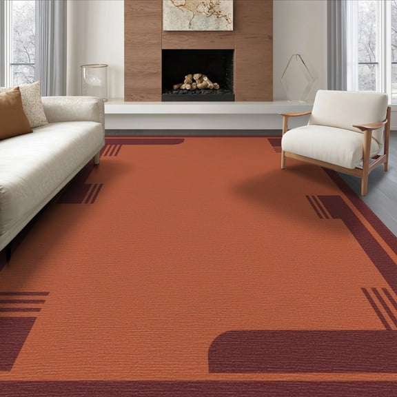 ODIKA 8'x10' Washable Area Rug Durable, Non-Slip Rust and Burgundy Art Design Geometric Corners with Bold Accents for Living Room, Under Sectional, Family