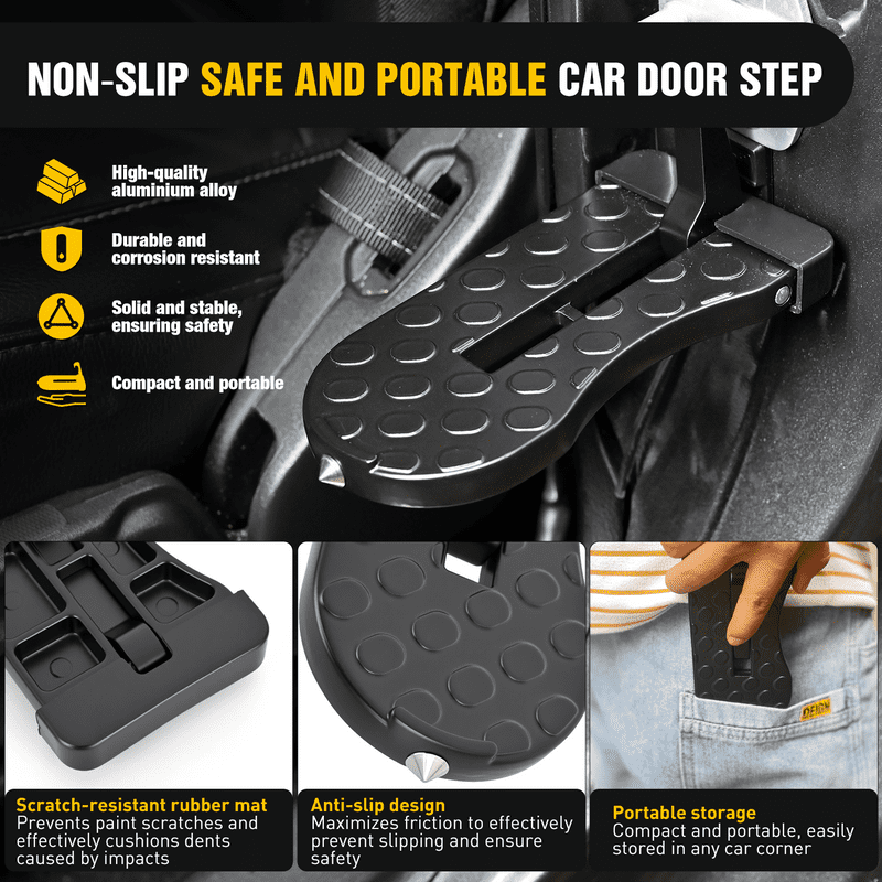 Nilight Car Door Step for Roof Access Universal Car Step Hook for Roof SUV Trucks Folding Aluminum Alloy Vehicle Door Latch Step Pedal With Glass Breaker Safety Hammer, Max Load 400lbs, 1 Pack Black