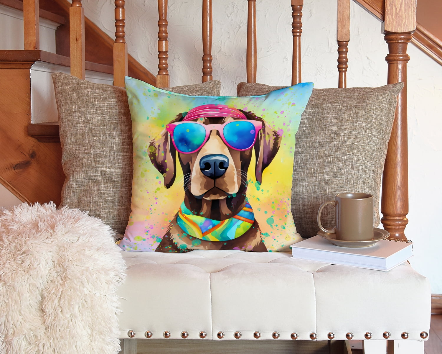 Chocolate Labrador Hippie Dawg Fabric Decorative Pillow 14 in x 14 in