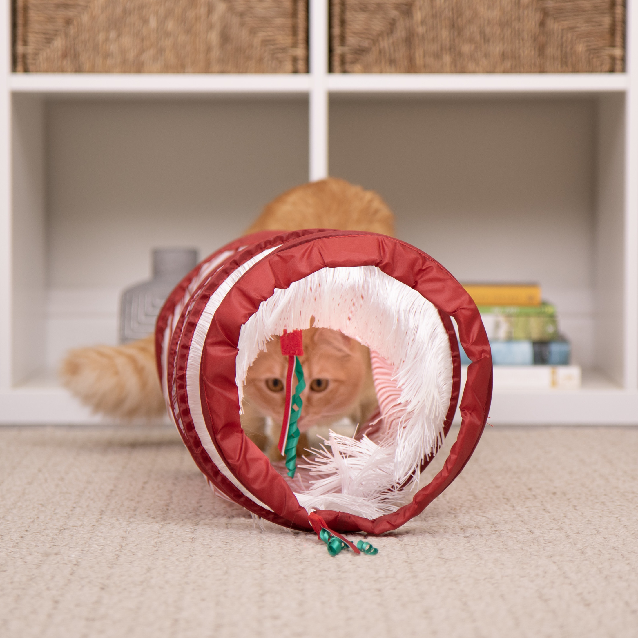 SmartyKat Holiday Fringe Frenzy Candy Cane Spring-Ended Tunnel Cat Toy with Fringe & Teaser Toys, 3 in 1