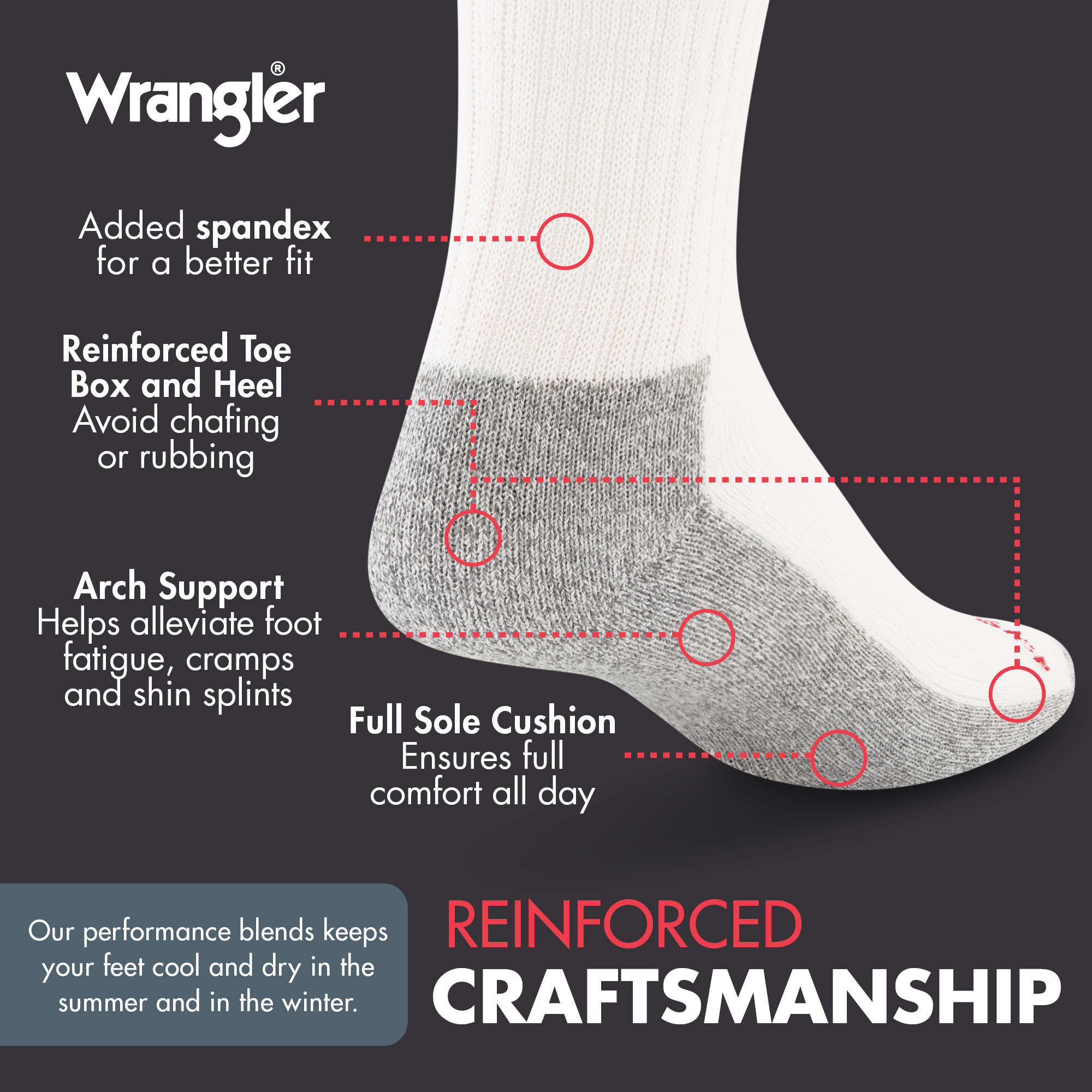 Wrangler Men's Cushion Crew Work Socks, 6-Pack, White photo 3