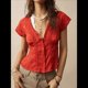 thumbnail image 5 of Blusa de Encaje con Cuello en V para Mujer, Corta, Fruncida, Ropa de Verano para Vacaciones Color Naranja XS, 5 of 8