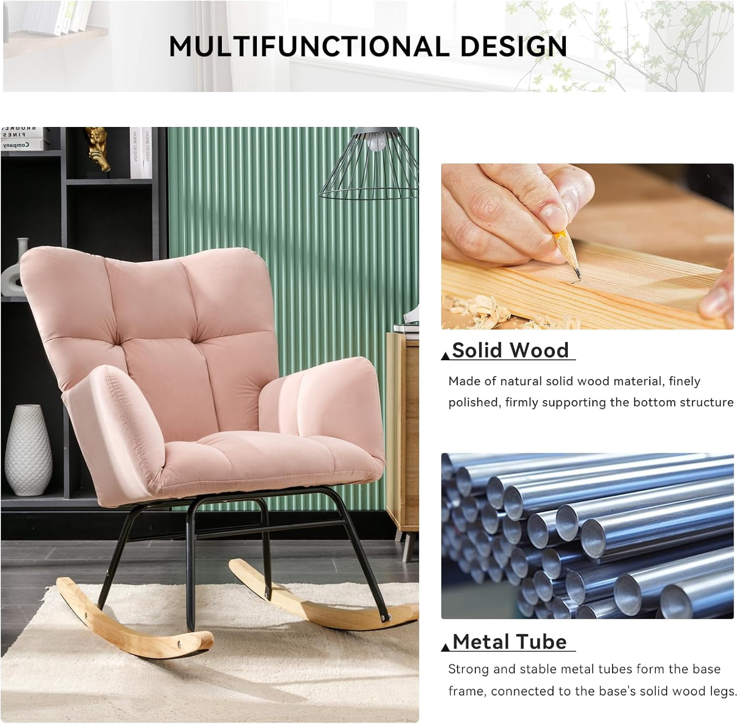 Rocking Chair Nursery Teddy Upholstered Glider Rocker High Backrest Nursery Rocker Comfortable Stylish Accent Armchair for Living Rooms Bedrooms Offices