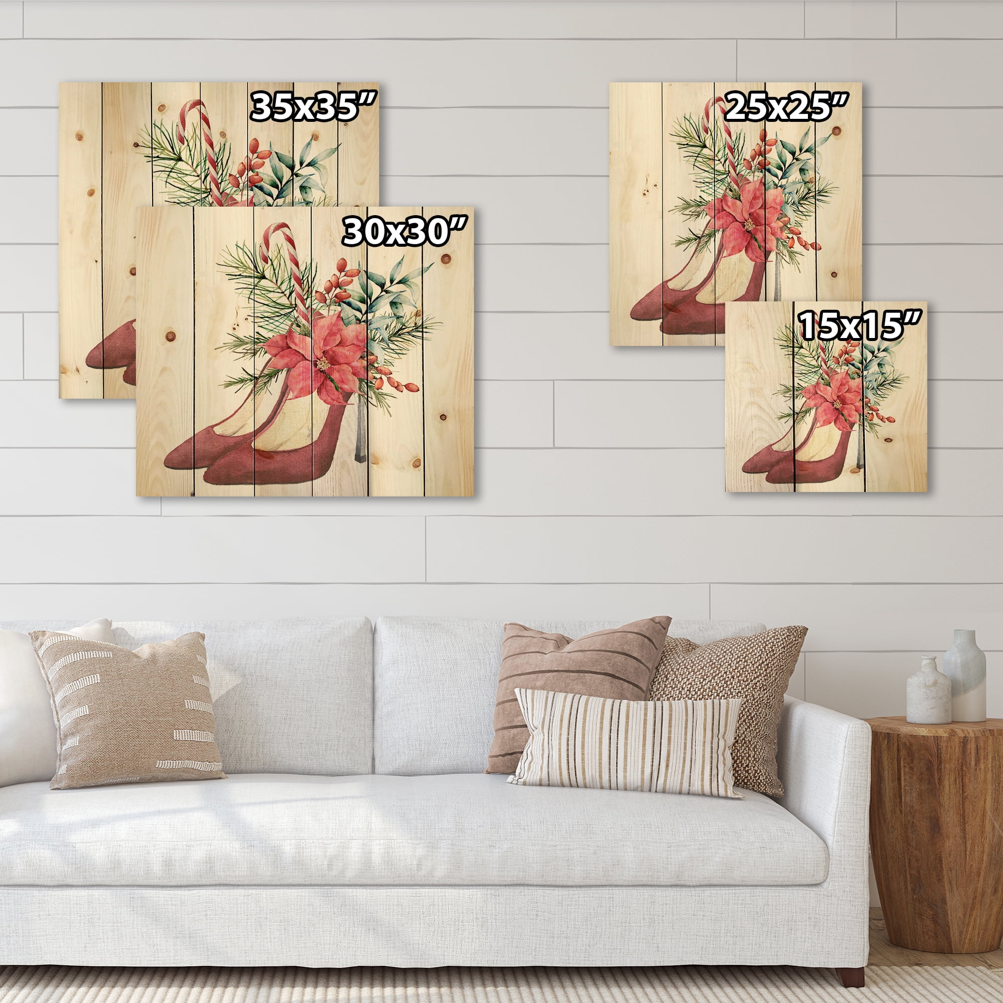 Designart 'Red Suede Heeled Shoes With Christmas Red Floral Decor' Traditional Print on Natural Pine Wood