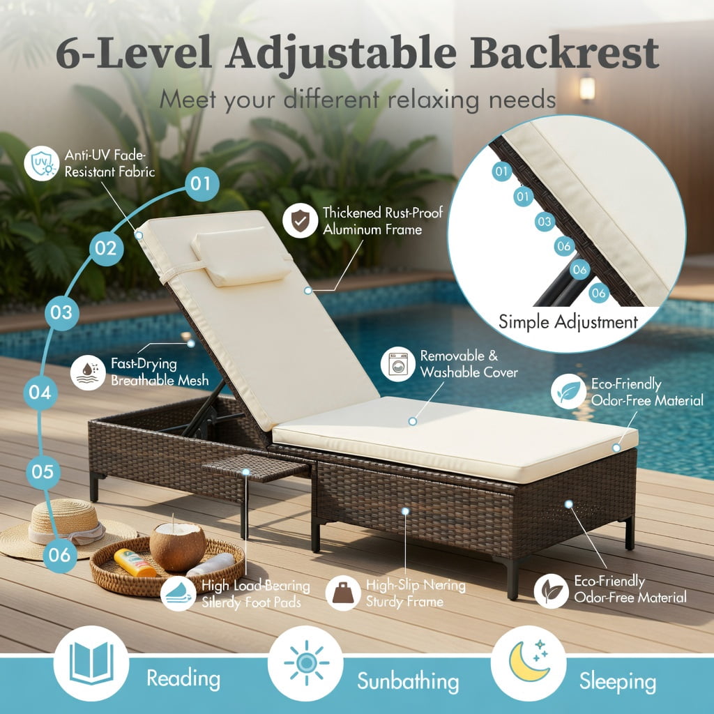 Hommoo 2-Piece Outdoor Chaise Lounge Set with Adjustable Backrest, Cushions, PE Rattan & Steel Frame, Poolside, Patio, Balcony Ready, Off-White