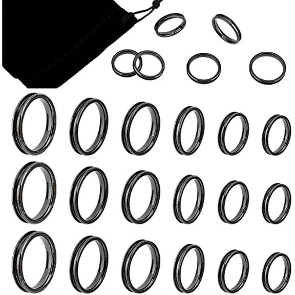18pcs 6 Sizes Blank Core Ring Electrophoresis Black Stainless Steel Finger Ring with Velvet Pouches Hypoallergenic Inlay Ring Round Grooved Empty Ring Blanks for Jewelry Making