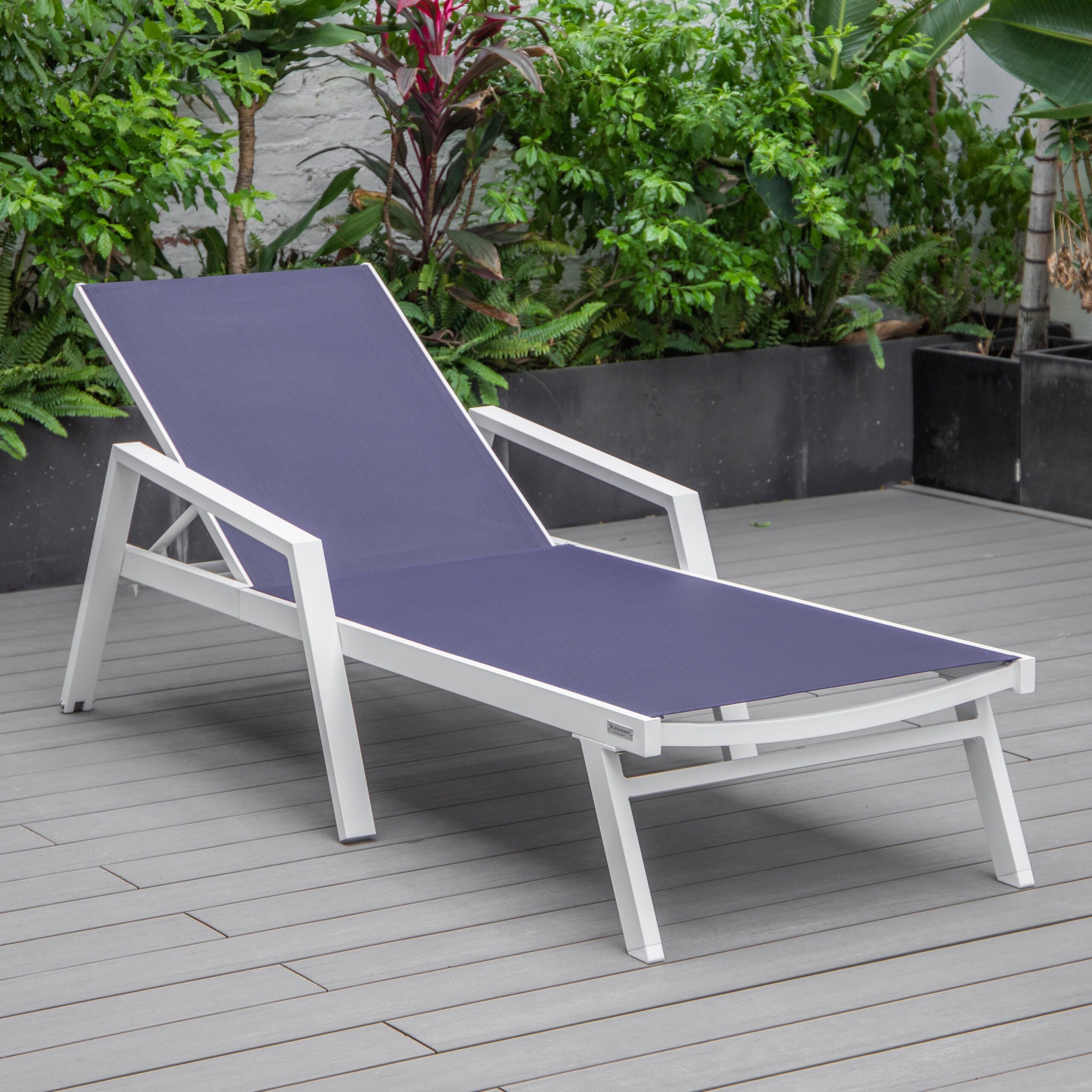 LeisureMod Marlin Patio Chaise Lounge Chair with Armrests Poolside Outdoor Chaise Lounge Chair for Patio Lawn & Garden Modern White Aluminum Suntan Chair with Sling Chaise Lounge Chair (Navy Blue) - image 2 of 12