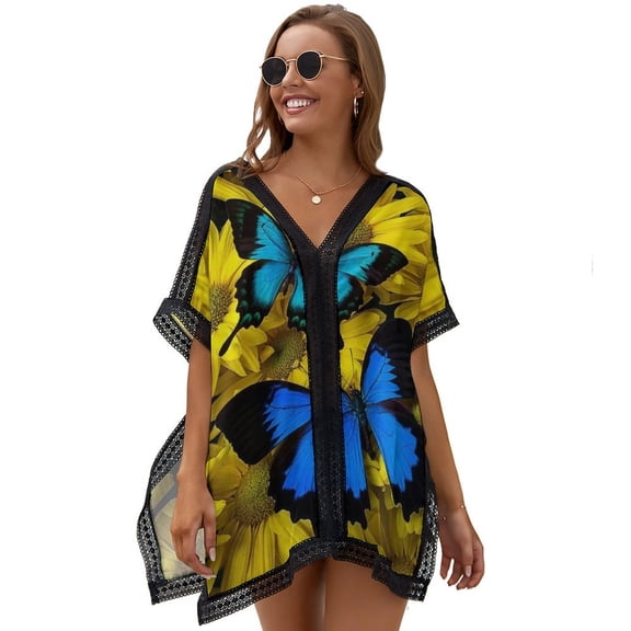 Stunning Blue Butterfly On Sunflowers Women's Swimsuit Coverup Summer Beach Cover Up Bathing Suit Dress
