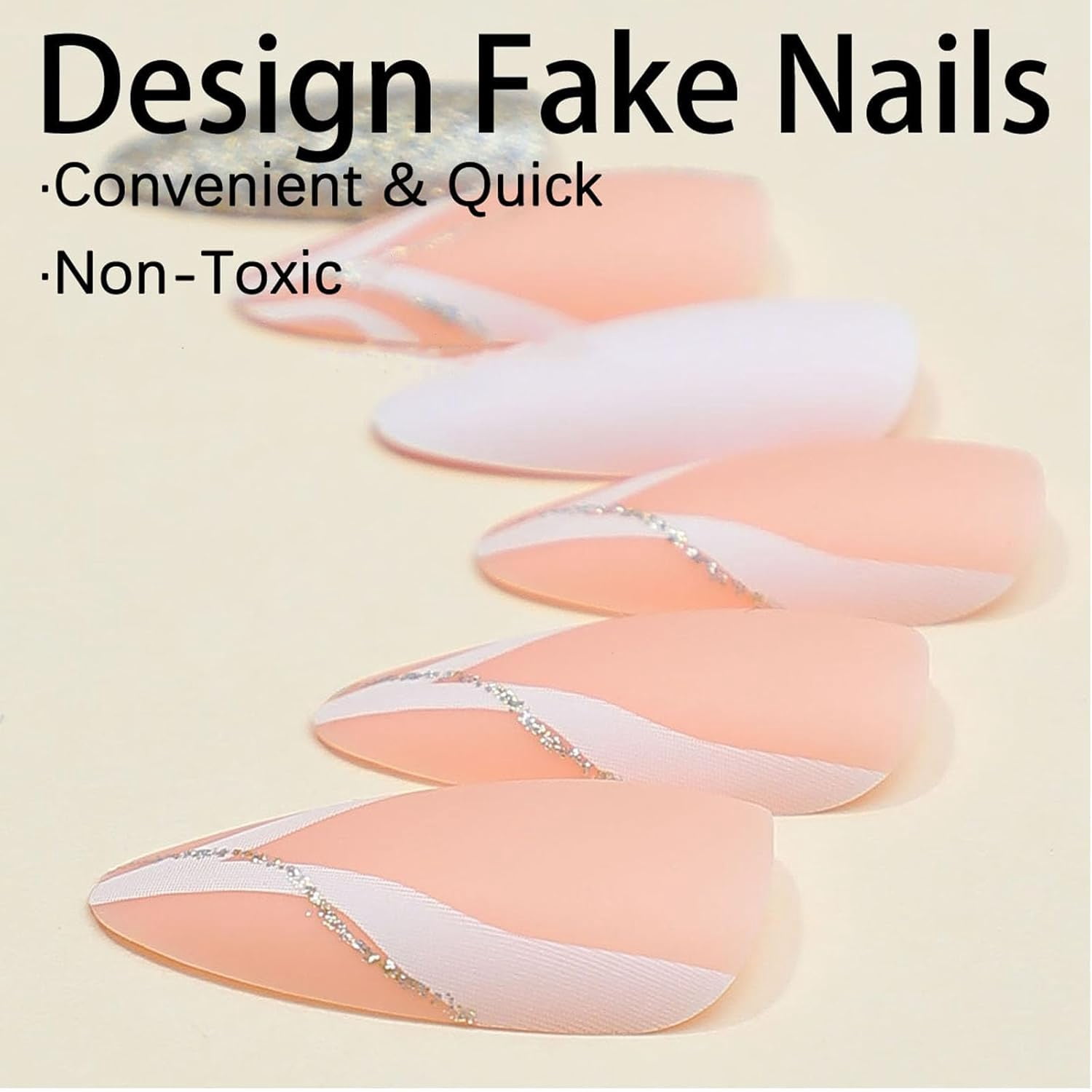 Almond Press on Nails Short Length Acrylic Medium Glue on Almond Shape Fake Nails with Glitter Design Glossy Full Cover Artificial Gel False Stick on Nail for Girls Women Wedding 24Pcs White with