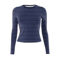 thumbnail image 4 of bbyeadc Blue Long Sleeve Shirt for Woman Y2k Striped Going Out Crop Tops Spring Fall Winter Round Neck Strechy Tight Tees Pullover, Navy XL, 4 of 5