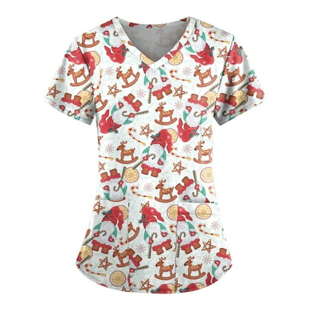 

DENGDENG Scrubs Shirts For Women Plus Size Christmas Short Sleeve Nurses Womens Tops Size Pockets V Neck Womens Compression Shirt Cartoon Print Holiday Dressy Blouses for Women for Wedding Beige 3XL
