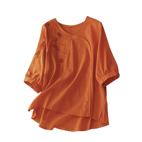 Scyoekwg Womens Short Sleeve Blouses Round Neck Cotton Linen Tops Solid Color Comfy Trendy Lightweight Loose Blouses (Orange,XXL)