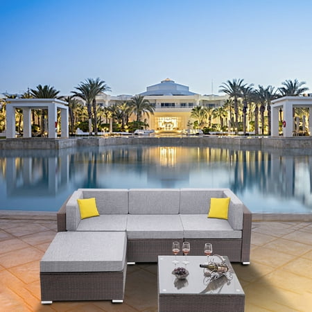 Luxury Patio Furniture Dallas 5 Pcs Sectional Patio Sofa Set, Durable Outdoor Patio PE Rattan Outdoor Furniture, 4 Seater Luxury Comfort Grey Wicker Couch, All-Weather Conversation Set with 2 Pillows, Glass Coffee Table Top, S7641 ()