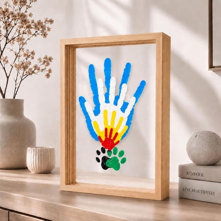 BESTSKY Family Handprint Kit for 4-Wooden Frame with 4 Acrylic Boards,Diy Keepsake Art for Baby,Pet & Family,Non-Toxic Washable Paint Hand Mold Memory Gift-Brown